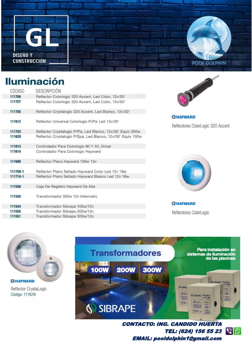 Catálogo página 16: iluminación Hayward y transformadores