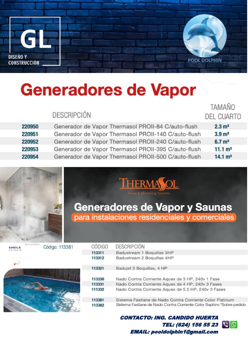 Catálogo página 23: generadores de vapor, sauna y nado contra corriente