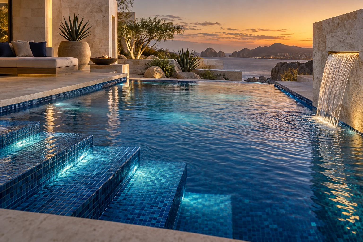 Piscina de lujo con mosaico azul, iluminación y cascada
